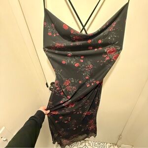 Chic Black and Red Floral Midi Strappy Slip Dress